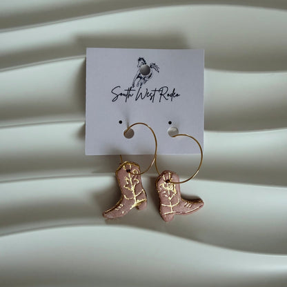 18K Gold Plated Hoops Pink Cowboy Boot Handmade Earrings