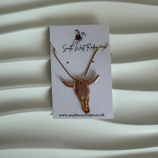 Stainless Steel Gold Pink Cow Skull Handmade Necklace