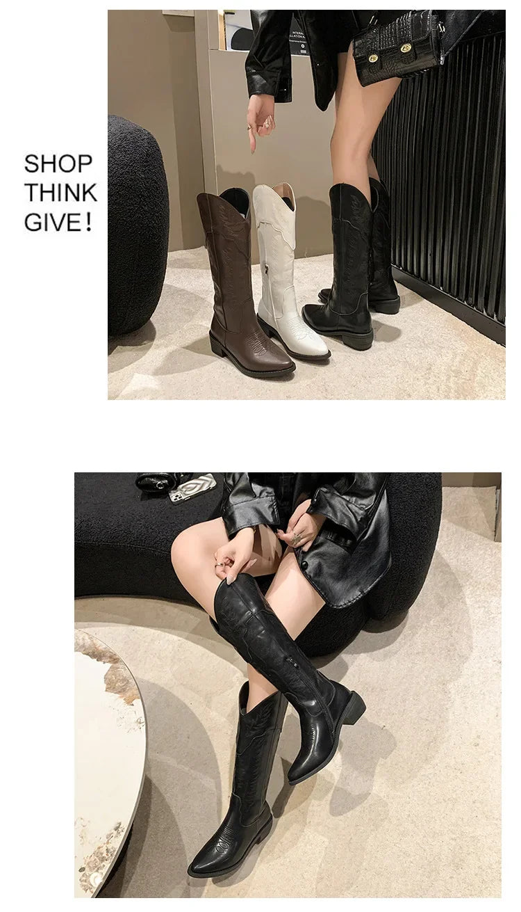 Vintage Black Western Cowboy Boots for Women Heels PU Leather Ankle Booties Woman 2024 Autumn Winter Chunky Heels Knight Boots