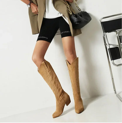 Pointed Toe Knight Boots for Women Brown PU Leather Knee High Boots Woman  Autumn Winter Western Cowboy Long Botas Mujer 2024