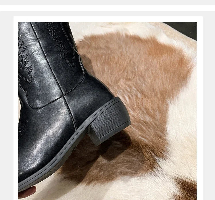 Vintage Black Western Cowboy Boots for Women Heels PU Leather Ankle Booties Woman 2024 Autumn Winter Chunky Heels Knight Boots