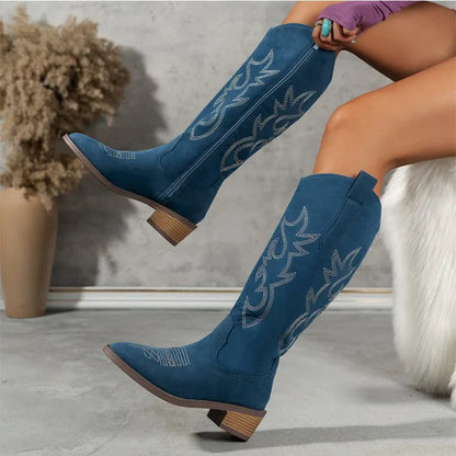 Women Chelsea Cowboy Knee High Boots for Women Mid Heels Walking Shoes Winter Fashion Zipper Chunky Boots Pumps Punk High Botas