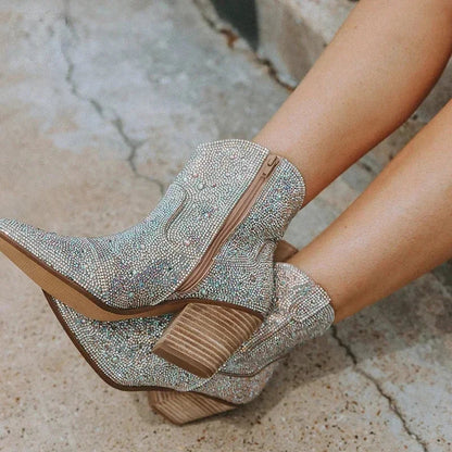 Western Cowboy Boots Fashion Women Ankle Boots Glitter Bling Shiny Trend High Heels High Quality Sexy Shoes Botas De Mujer 2024