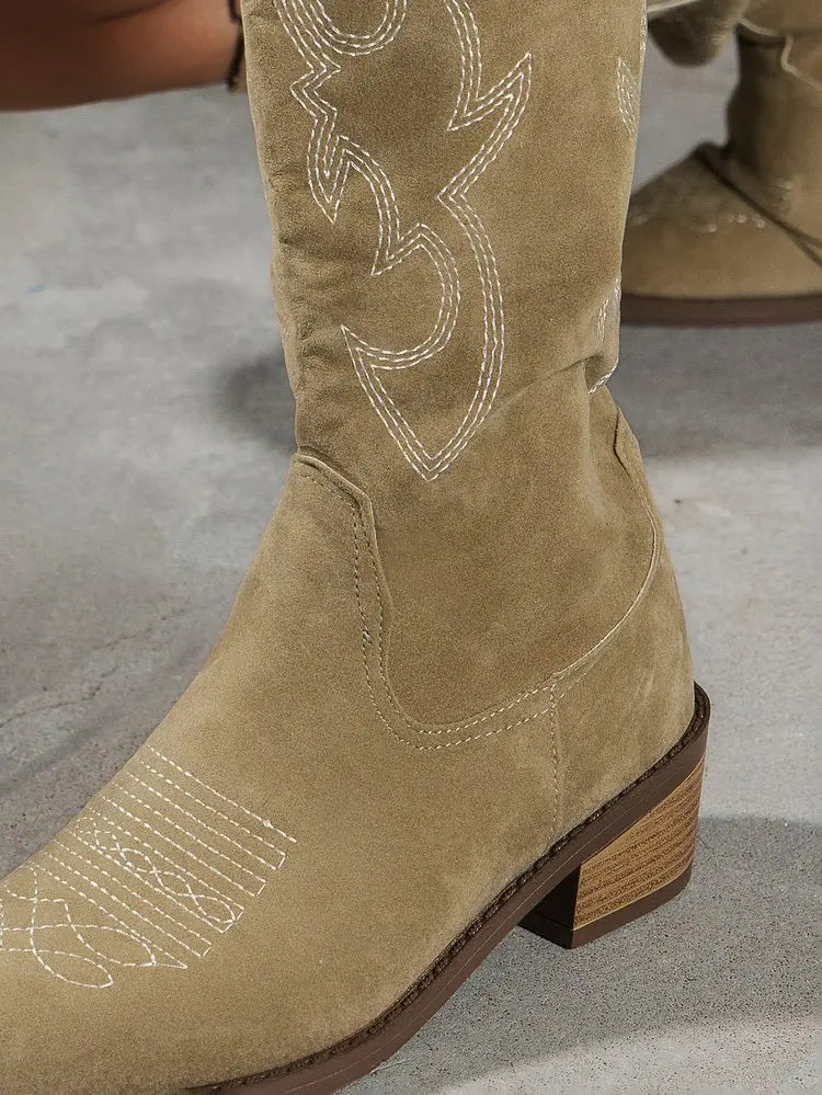 Women Chelsea Cowboy Knee High Boots for Women Mid Heels Walking Shoes Winter Fashion Zipper Chunky Boots Pumps Punk High Botas