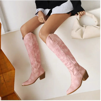 Pointed Toe Knight Boots for Women Brown PU Leather Knee High Boots Woman  Autumn Winter Western Cowboy Long Botas Mujer 2024