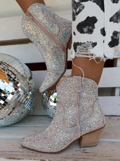 Western Cowboy Boots Fashion Women Ankle Boots Glitter Bling Shiny Trend High Heels High Quality Sexy Shoes Botas De Mujer 2024