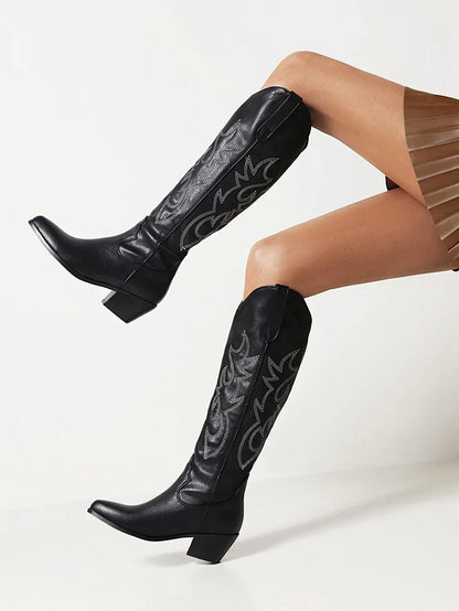 Pointed Toe Knight Boots for Women Brown PU Leather Knee High Boots Woman  Autumn Winter Western Cowboy Long Botas Mujer 2024