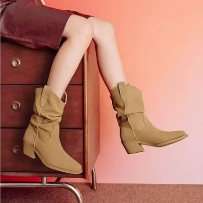 Women Chunky Heeled Western Boots Faux Suede Ankle Boots Woman Autumn Vintage Loose Tube Pleated Mid Calf Cowboy Botas Mujer