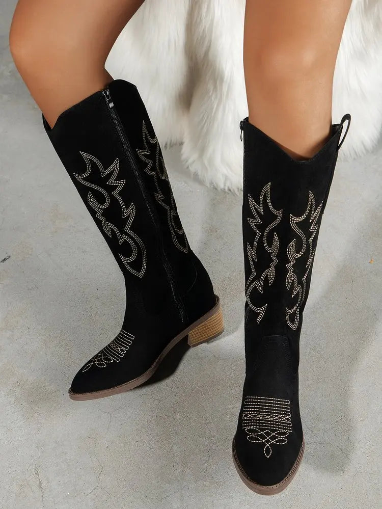 Women Chelsea Cowboy Knee High Boots for Women Mid Heels Walking Shoes Winter Fashion Zipper Chunky Boots Pumps Punk High Botas