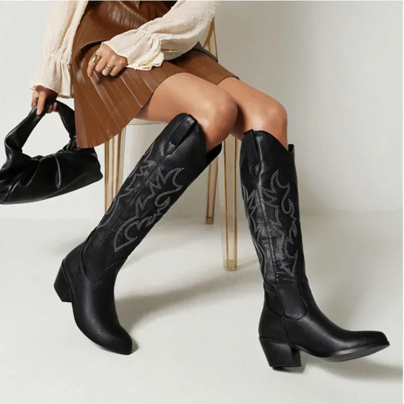 Pointed Toe Knight Boots for Women Brown PU Leather Knee High Boots Woman  Autumn Winter Western Cowboy Long Botas Mujer 2024