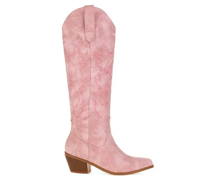 Pointed Toe Knight Boots for Women Brown PU Leather Knee High Boots Woman  Autumn Winter Western Cowboy Long Botas Mujer 2024