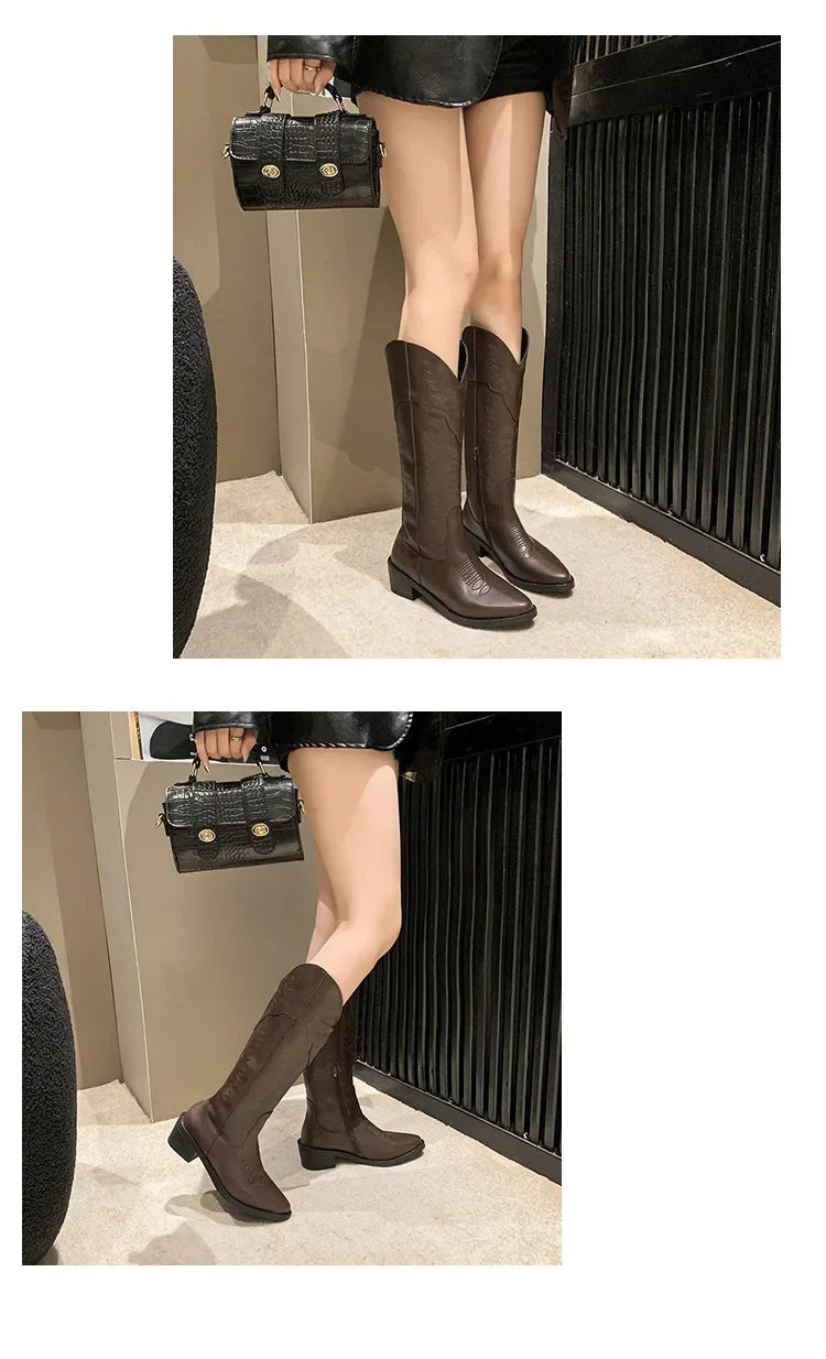 Vintage Black Western Cowboy Boots for Women Heels PU Leather Ankle Booties Woman 2024 Autumn Winter Chunky Heels Knight Boots