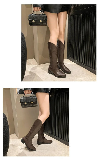Vintage Black Western Cowboy Boots for Women Heels PU Leather Ankle Booties Woman 2024 Autumn Winter Chunky Heels Knight Boots