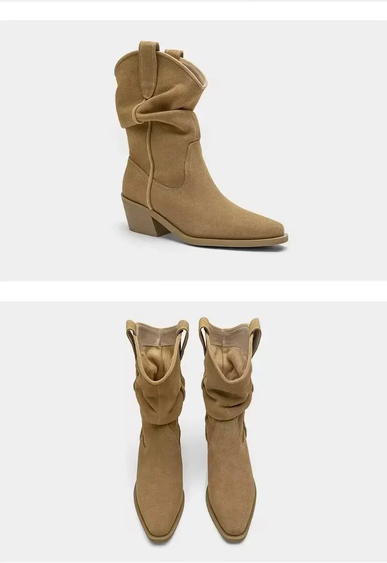 Women Chunky Heeled Western Boots Faux Suede Ankle Boots Woman Autumn Vintage Loose Tube Pleated Mid Calf Cowboy Botas Mujer