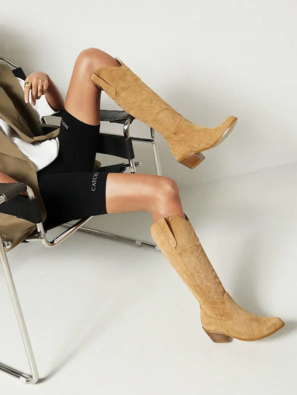 Pointed Toe Knight Boots for Women Brown PU Leather Knee High Boots Woman  Autumn Winter Western Cowboy Long Botas Mujer 2024