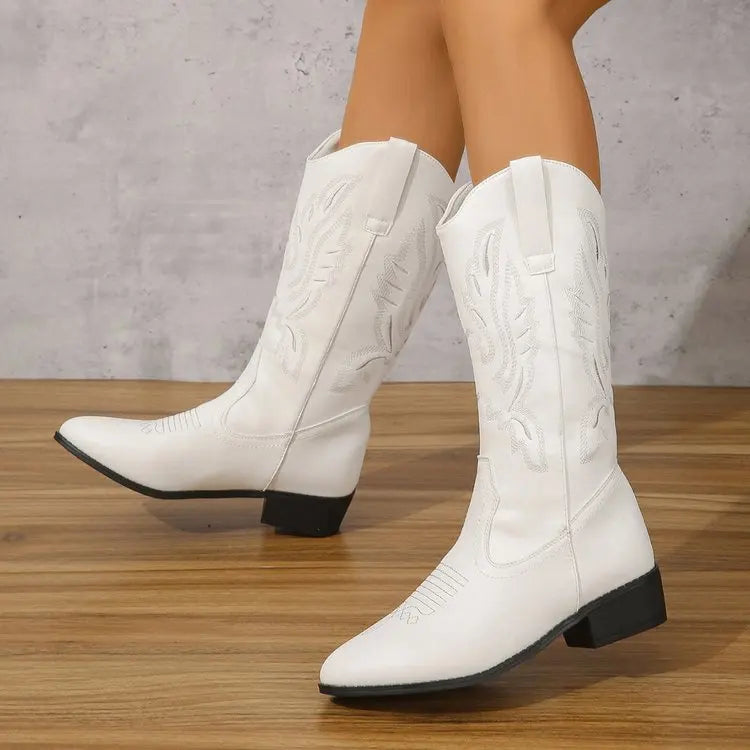 Vintage Black Western Cowboy Boots for Women Heels PU Leather Ankle Booties Woman 2024 Autumn Winter Chunky Heels Knight Boots