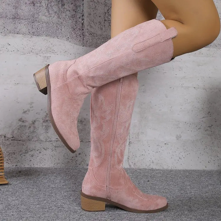 Women Chelsea Cowboy Knee High Boots for Women Mid Heels Walking Shoes Winter Fashion Zipper Chunky Boots Pumps Punk High Botas