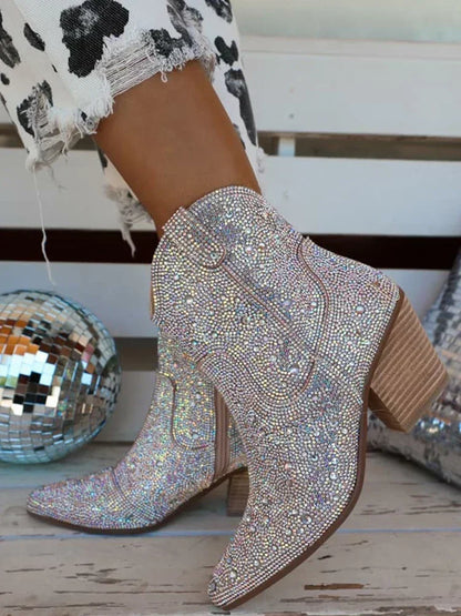 Western Cowboy Boots Fashion Women Ankle Boots Glitter Bling Shiny Trend High Heels High Quality Sexy Shoes Botas De Mujer 2024
