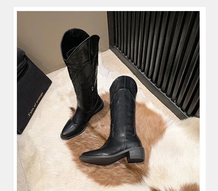 Vintage Black Western Cowboy Boots for Women Heels PU Leather Ankle Booties Woman 2024 Autumn Winter Chunky Heels Knight Boots