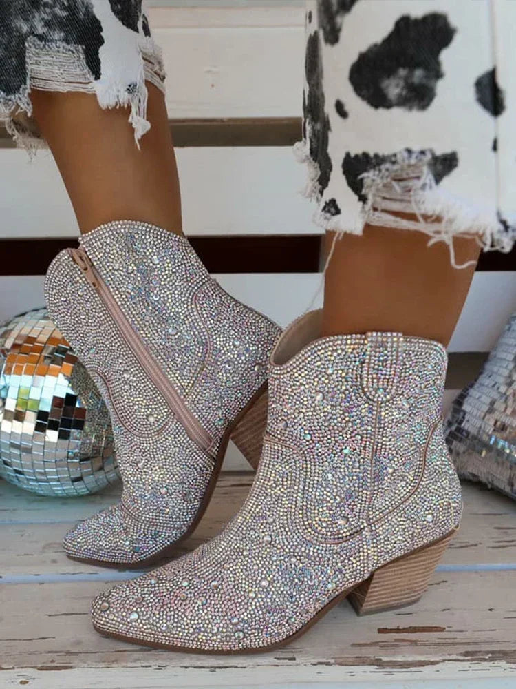 Western Cowboy Boots Fashion Women Ankle Boots Glitter Bling Shiny Trend High Heels High Quality Sexy Shoes Botas De Mujer 2024