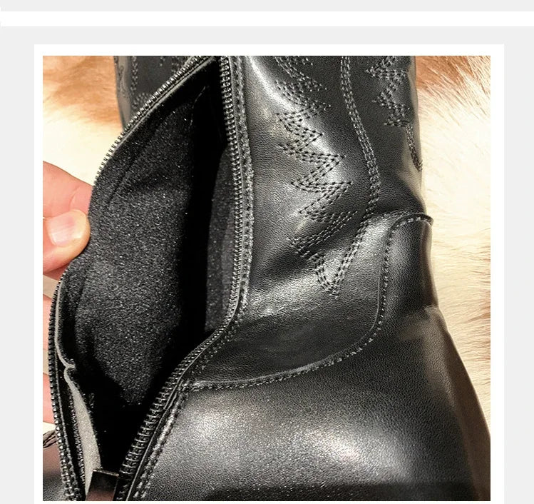 Vintage Black Western Cowboy Boots for Women Heels PU Leather Ankle Booties Woman 2024 Autumn Winter Chunky Heels Knight Boots