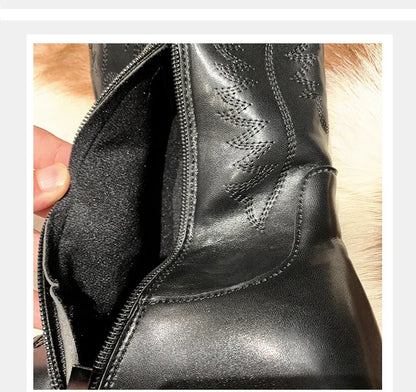 Vintage Black Western Cowboy Boots for Women Heels PU Leather Ankle Booties Woman 2024 Autumn Winter Chunky Heels Knight Boots