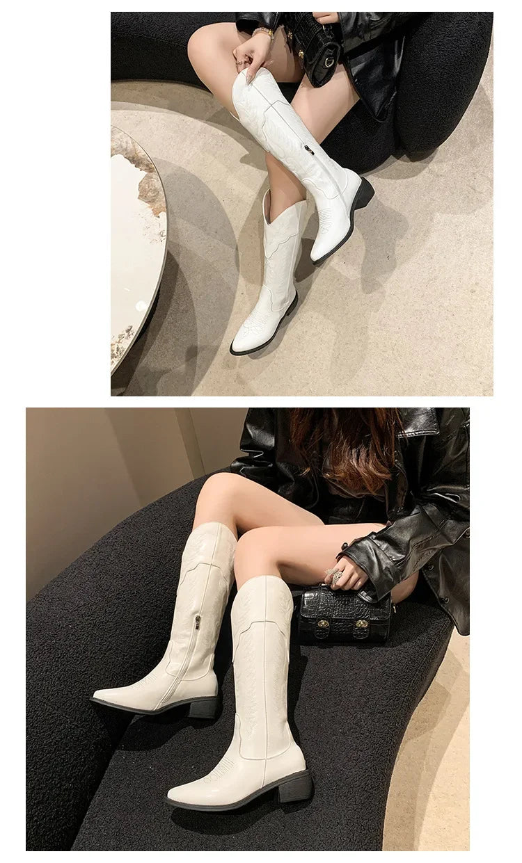 Vintage Black Western Cowboy Boots for Women Heels PU Leather Ankle Booties Woman 2024 Autumn Winter Chunky Heels Knight Boots