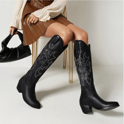 Pointed Toe Knight Boots for Women Brown PU Leather Knee High Boots Woman  Autumn Winter Western Cowboy Long Botas Mujer 2024