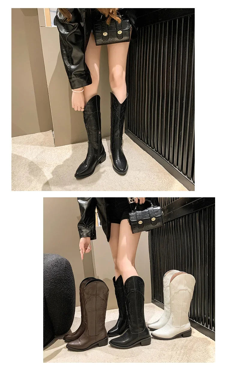 Vintage Black Western Cowboy Boots for Women Heels PU Leather Ankle Booties Woman 2024 Autumn Winter Chunky Heels Knight Boots