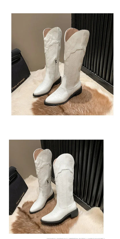 Vintage Black Western Cowboy Boots for Women Heels PU Leather Ankle Booties Woman 2024 Autumn Winter Chunky Heels Knight Boots