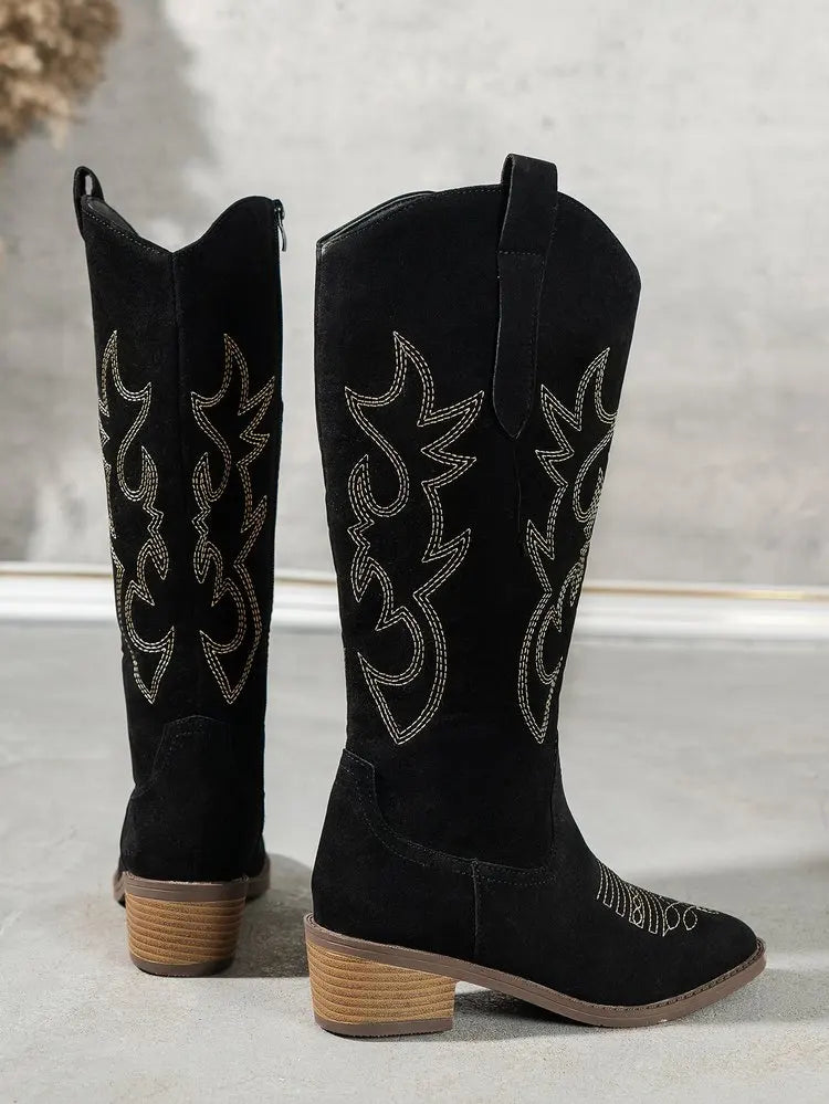 Women Chelsea Cowboy Knee High Boots for Women Mid Heels Walking Shoes Winter Fashion Zipper Chunky Boots Pumps Punk High Botas