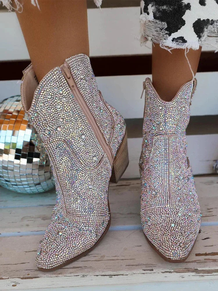 Western Cowboy Boots Fashion Women Ankle Boots Glitter Bling Shiny Trend High Heels High Quality Sexy Shoes Botas De Mujer 2024