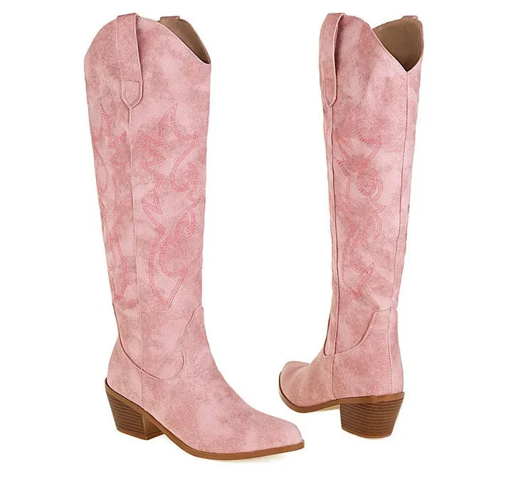 Pointed Toe Knight Boots for Women Brown PU Leather Knee High Boots Woman  Autumn Winter Western Cowboy Long Botas Mujer 2024