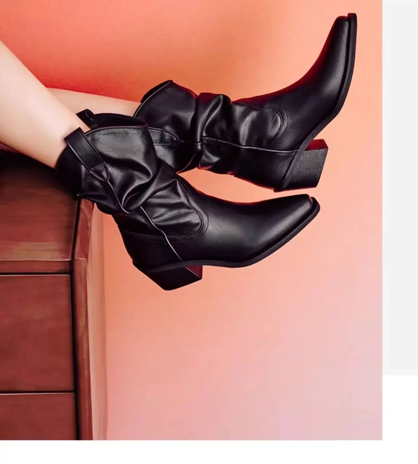 Women Chunky Heeled Western Boots Faux Suede Ankle Boots Woman Autumn Vintage Loose Tube Pleated Mid Calf Cowboy Botas Mujer