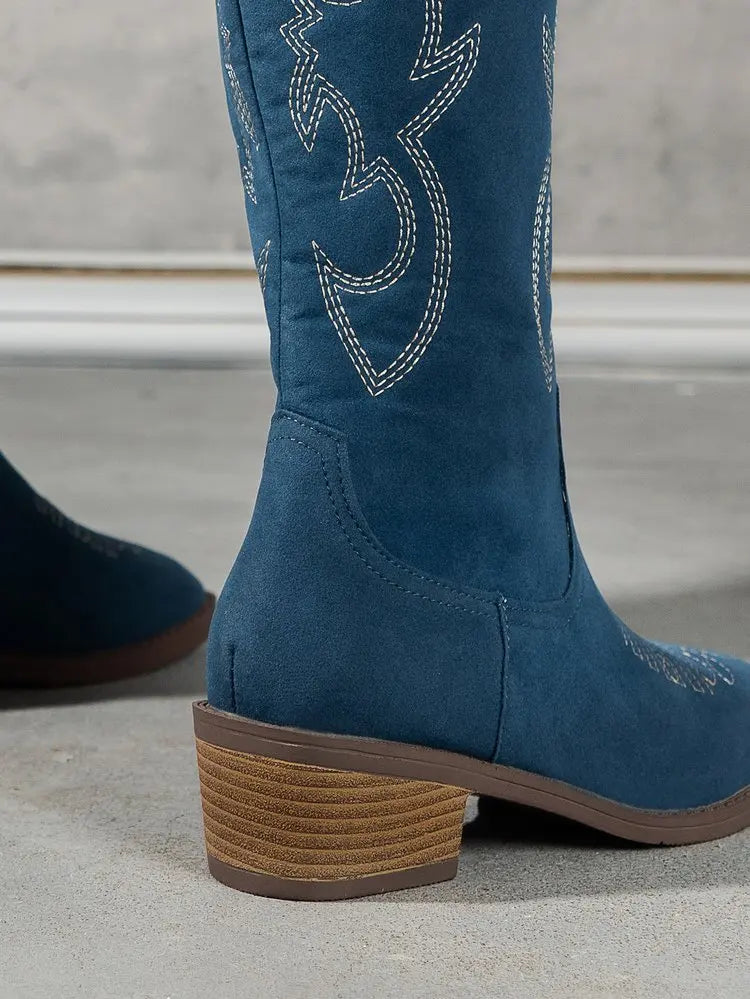 Women Chelsea Cowboy Knee High Boots for Women Mid Heels Walking Shoes Winter Fashion Zipper Chunky Boots Pumps Punk High Botas