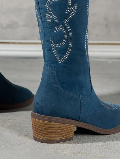 Women Chelsea Cowboy Knee High Boots for Women Mid Heels Walking Shoes Winter Fashion Zipper Chunky Boots Pumps Punk High Botas