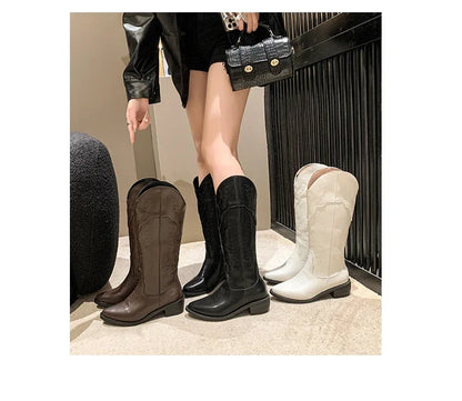 Vintage Black Western Cowboy Boots for Women Heels PU Leather Ankle Booties Woman 2024 Autumn Winter Chunky Heels Knight Boots