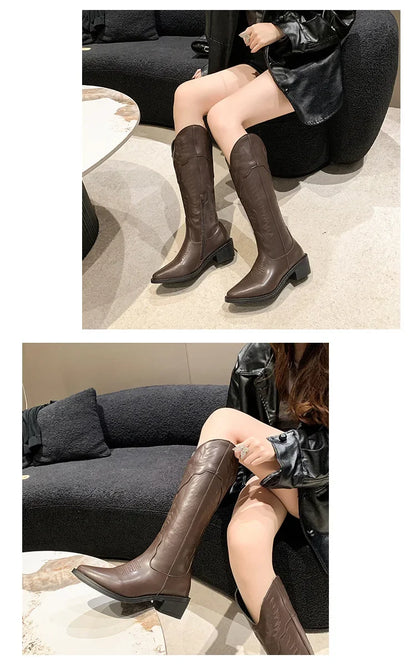 Vintage Black Western Cowboy Boots for Women Heels PU Leather Ankle Booties Woman 2024 Autumn Winter Chunky Heels Knight Boots