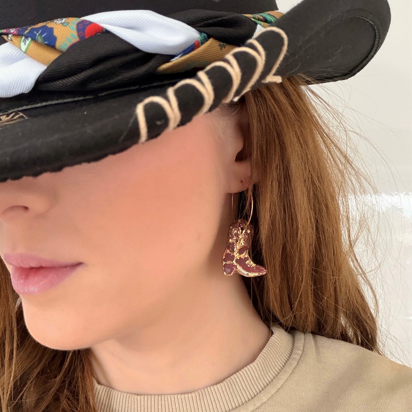 18K Gold Plated Hoop Blue & Gold Cowboy Boot Handmade Earrings
