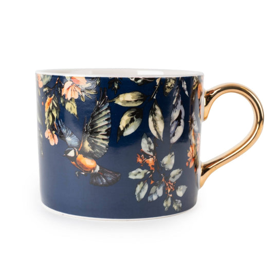 Straight Sided Mug with Gold Handle - Garden Blooms Blue