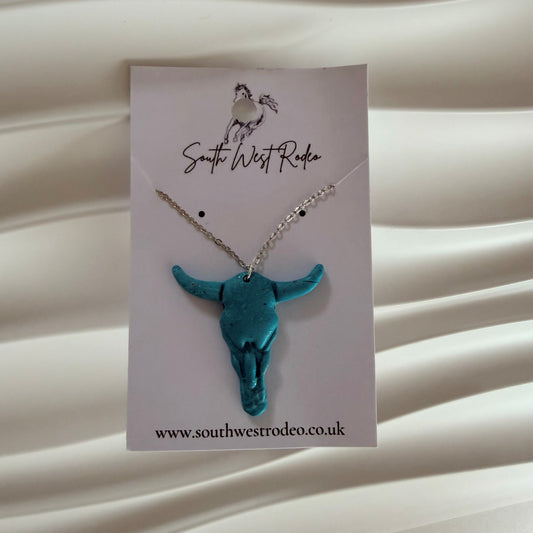 Teal Silver 925 Cow Skull Handmade Necklace