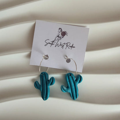 Silver Plated Hoops Teal Cactus Handmade Earrings