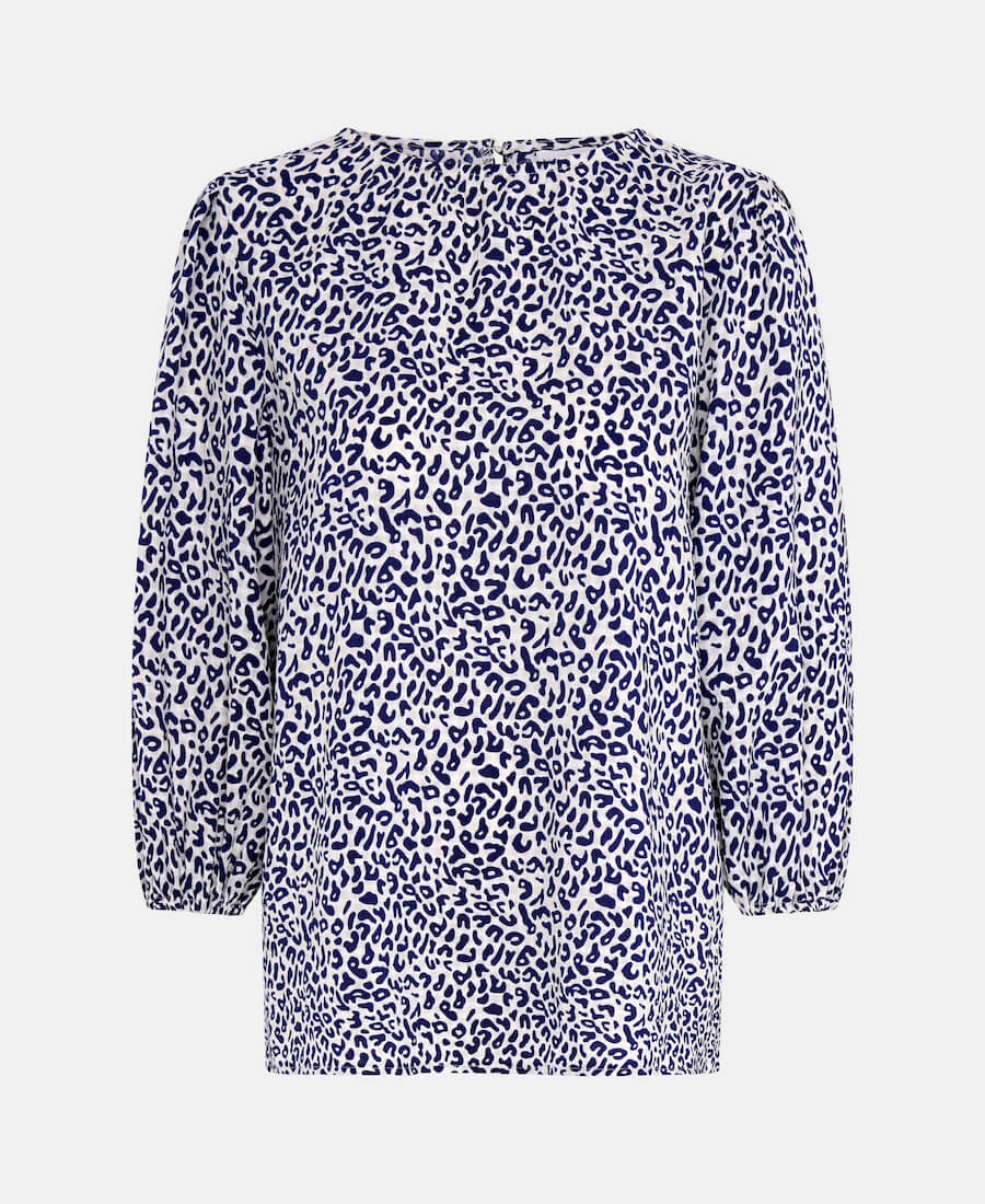 Blue Animal Puff Sleeve Blouse