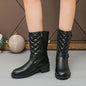 Women'S Quilted Mid-Calf Boots with Buckle Detail - Solid Color Platform Heel Zip-Up Boots with PVC Sole and Fabric Lining