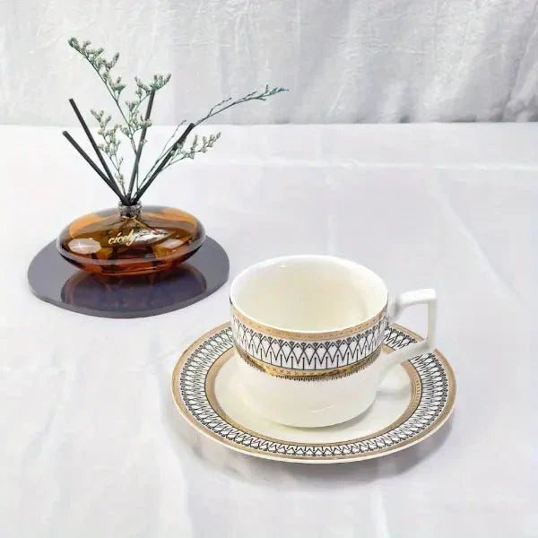 Ceramic Mug and Saucer Set with Golden Edge (1 Set)