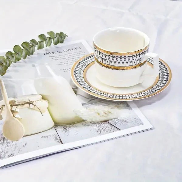 Ceramic Mug and Saucer Set with Golden Edge (1 Set)