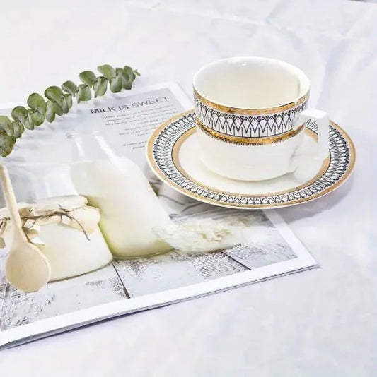Ceramic Mug and Saucer Set with Golden Edge (1 Set)