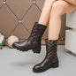 Women'S Quilted Mid-Calf Boots with Buckle Detail - Solid Color Platform Heel Zip-Up Boots with PVC Sole and Fabric Lining