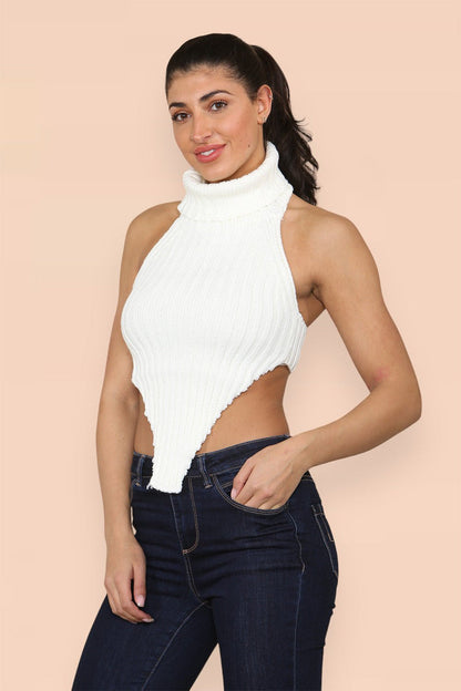 High Neck Roll Knitted Backless Front Cropped Top