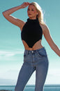 High Neck Roll Knitted Backless Front Cropped Top